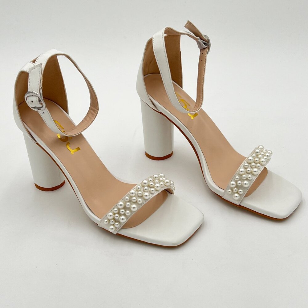 FSJ White Chunky Heel Ankle Strap Full Pearls Open Toe Bridal Wedding Sandal